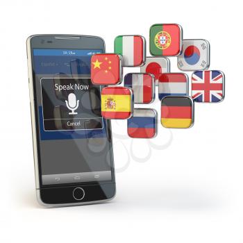 Mobile dictionary or translator concept . Learning languages online. E-learning. Smartphone with flags isolated on white. 3d illustration
