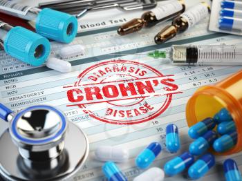 Crohns disease diagnosis. Stamp, stethoscope, syringe, blood test and pills on the clipboard with medical report. 3d illustration