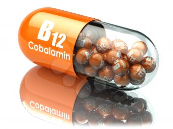 Vitamin B12 capsule. Pill with cobalamin. Dietary supplements. 3d illustration