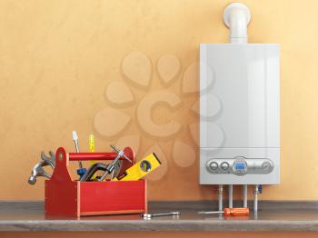 Gas boiler servicing or repearing concept. Toolbox with tools on the kitchen. 3d illustration