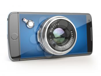 Smartphone digital camera concept. Mobile phone with camera lens isolated on white. 3d illustration