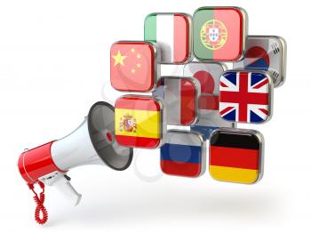 E-learning or online translator concept. Learning languages online. Megaphone and flags. 3d illustration