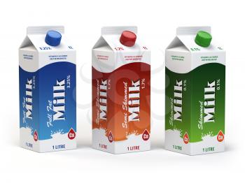 Milk carton packs isolated on white. Milk boxes. 3d illustration