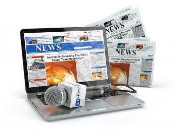 News concept. Laptop with microphone and newspaper isolated on white. 3d illustration