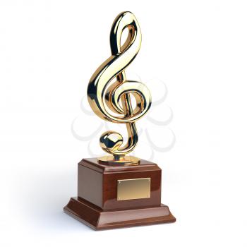 Gold treble clef s trophy isolated on white. Music  award concept. 3d illustration