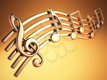 Golden music notes and treble clef on musical strings on yellow background. 3d illustration
