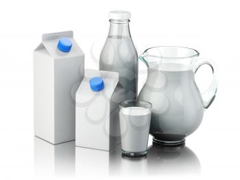 Milk. Glass jug, glass, bottle and carton packs with milk isolated on white. 3d illustration