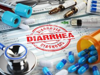 Diarrhea disease diagnosis. Stamp, stethoscope, syringe, blood test and pills on the clipboard with medical report. 3d illustration