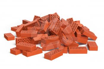 Pile of bricks isolated on white. Construction concept. 3d illustration