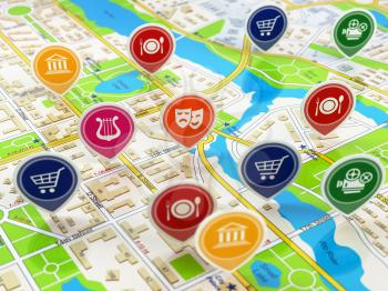 City map and pins with icons. Concept of navigation or gps. 3d illustration