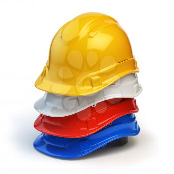 Various hard hats, safety helmets isolated on white. 3d illustration