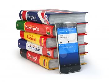 E-learning. Mobile dictionary. Learning languages online. Smartphone with books. 3d illustration
