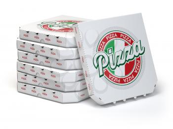 Pizza boxes stack isolated on white, 3d illustration