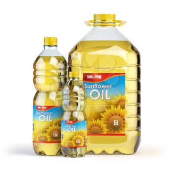 Sunflower oil in plastic bottles isolated on white. 3d illustration