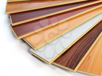 Parquet o laminate wooden planks of the different colors on white background. 3d illustration