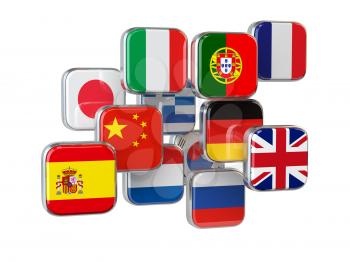 Languages translationor online translator concept. Flags isolated on white. 3d illustrator