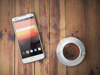 Mobile phone and coffee cup on wooden background. 3d illustration