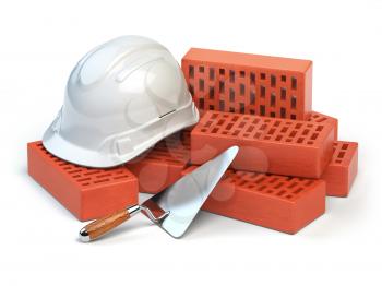 Hardhat,  bricks and trowel  isolated on white. Costruction concept. 3d illustration