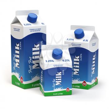 Milk carton packs isolated on white. Milk boxes. 3d illustration