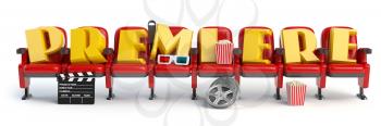 Premiere. Cinema, movie video concept. Row of seats with popcorm, glasses and clapper board isolated on white. 3d illustration
