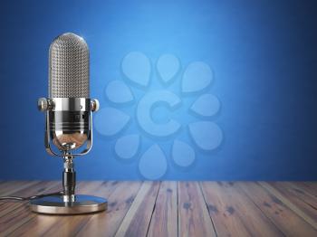 Retro old microphone. Radio show or audio podcast concept. Vintage microphone on blue background. 3d illustration