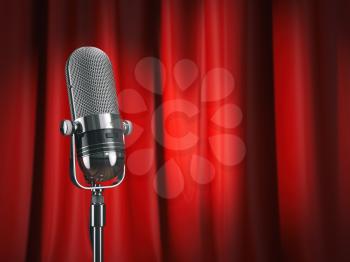 Vintage microphone on stage with red curtain. Music concept. 3d illustration