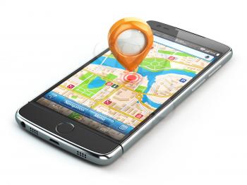 Mobile GPS navigation travel concept. Smartphone with pin on city map isolaed on white background. 3d illustration