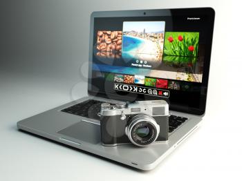 Photo camera and laptop with image viewer on the screen. Digital photography workstation concept. 3d illustration