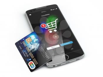 Mobile online shopping. E-commerce with smart phone and credit card isolated on white. 3d illustration
