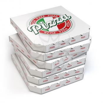 Pizza boxes stack isolated on white, 3d illustration