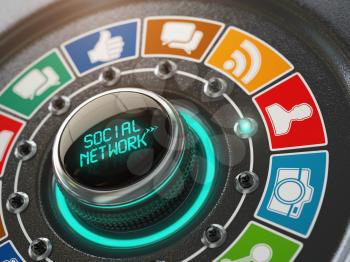 Social network and media concept. Switch knob with social network icons.  3d illustration