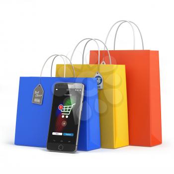 Online shopping concept. Mobile phone or smartphone with shopping paper bag isolated on white. 3d illustration