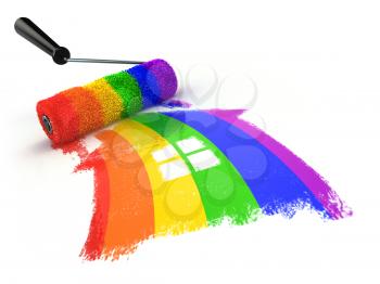 House with colors of gay pride LGBT community. Homosexual relationships or gay love concept. 3d illustration