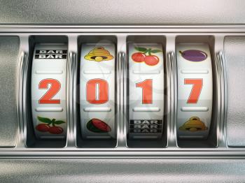 Happy New Year 2017 in casino. Slot machine with number 2017. 3d illustration