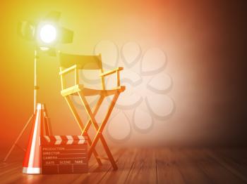 Video, movie, cinema concept. Clapperboard and director chair. Film industry 3d illustration