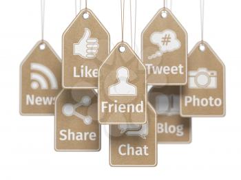 Social media internet communication concept. Signs of apps on the labels. 3d illustration