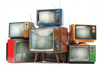 Heap of retro TV sets isolated on white background. Communication, media and television concept. 3d illustration