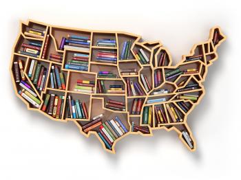 USA education or market of books concept. Book shelf  as map of USA. 3d illustration