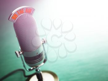 Retro old microphone with text on the air. Radio show or audio podcast concept. Vintage microphone. 3d illustration
