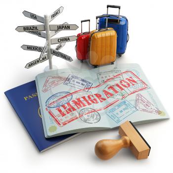 Immigration concept. Passport with stamps and visas, luggage and signboard with names of countries. 3d illustration