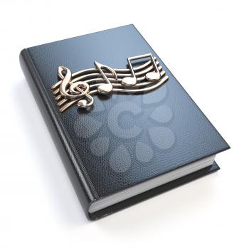 Music book with music notes and clef isolated on white background. 3d illustration