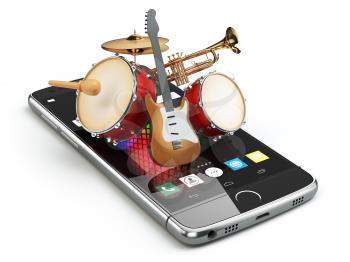 Mobile phone and musical instruments. Guitar, drums and trumpet. Digital music composer app. 3d illustration