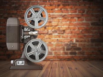 Vintage projector on the bricks background. Cinema, movie or video concept.  3d illustration