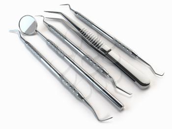 Dental tools set for teeth dental care isolated on white. Stomatology concept. 3d illustration