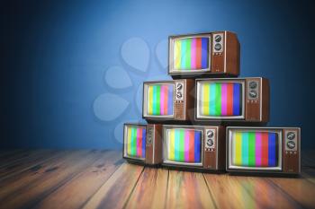 Heap of retro TV sets with no signal. Communication, media and television concept.. 3d illustration