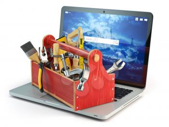 Online support. Laptop and toolbox with tool  isolated on white background. Laptop repair concept. 3d illustration