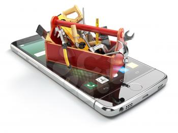 Smartphone service. Online  technical support concept. Mobile phone with toolbox and tools on white isolated background. 3d illustration
