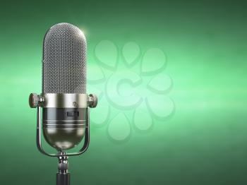 Retro old microphone. Radio show or audio podcast concept. Vintage microphone on green background. 3d illustration