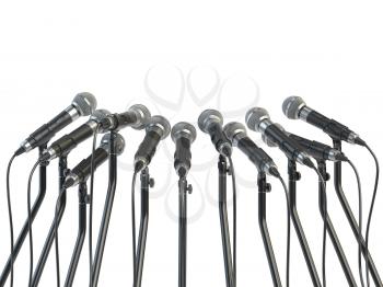 Microphones prepared for press conference or interview  isolated on white. 3d illustration