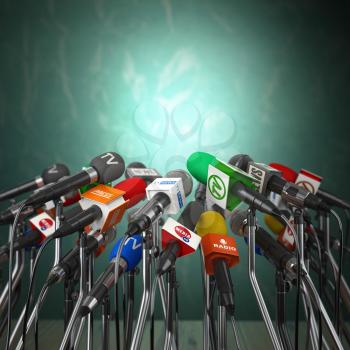 Microphones prepared for press conference or interview on  green background. 3d illustration